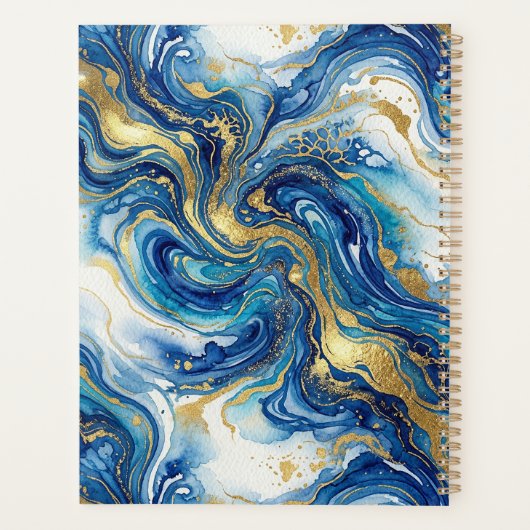 Blue Gold Marble Luxury Abstract Fluid Art Pattern Planer (Rückseite)