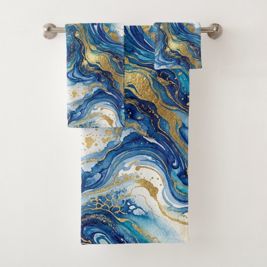 Blue Gold Marble Luxury Decor Fluid Art Pattern Badhandtuch Set (Insitu)