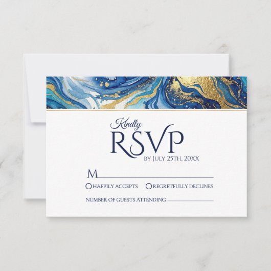 Blue Gold Marble RSVP Elegant Wedding Response Karte (Vorderseite)