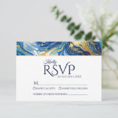 Blue Gold Marble RSVP Elegant Wedding Response Karte (Stehend Vorderseite)