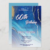 Blue Gold Marmor Glitzer 60. Geburtstag Einladung (Vorne/Hinten)