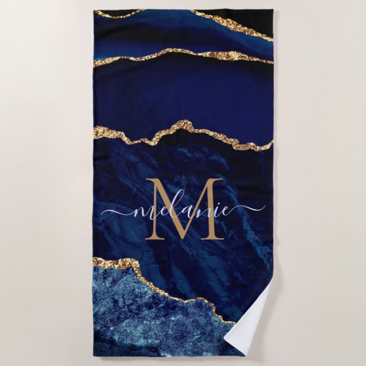 Blue Gold Marmor Ihr Name Letter Beach Handtuch (Vorderseite)