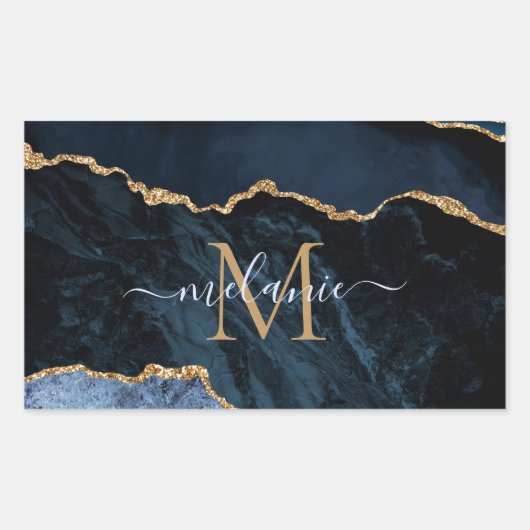 Blue-Gold-Marmor-Individuelle Name Briefaufkleber Rechteckiger Aufkleber (Vorderseite)