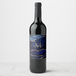 Blue Gold Marmor Monogram Name Flasche Labels Weinetikett