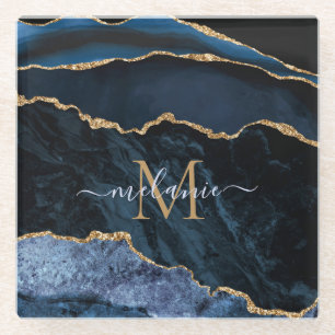Blue Gold Marmor Monogram Name Glass Untersetzer