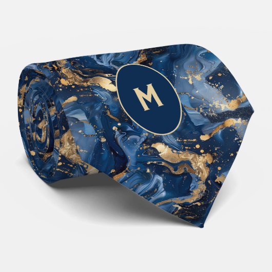 Blue & Gold-Marmormonogramm Krawatte (Gerollt)