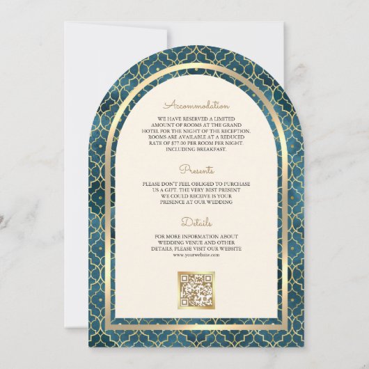 Blue Gold marokkanische QR Code Sikh Arch Wedding Einladung (Rückseite)