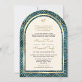 Blue Gold marokkanische QR Code Sikh Arch Wedding Einladung (Vorderseite)