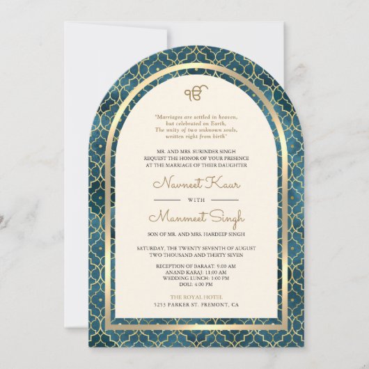 Blue Gold marokkanische QR Code Sikh Arch Wedding Einladung (Vorderseite)