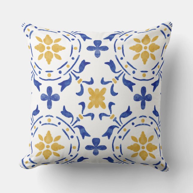 Blue & Gold Mediterranean Throw Pillow Kissen (Vorderseite)