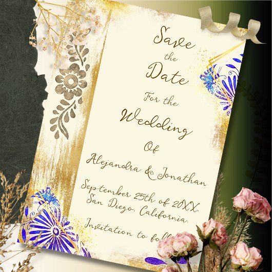 Blue & Gold Mexican Otomi Baroque Elegant Wedding Save The Date
