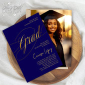 Blue & Gold Minimal Scripted Grad Zeremonie Foto Einladung