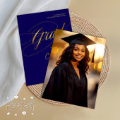 Blue & Gold Minimal Scripted Grad Zeremonie Foto Einladung