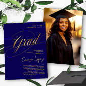 Blue & Gold Minimal Scripted Grad Zeremonie Foto Einladung