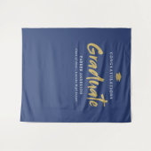 Blue Gold Modern Brush Script Graduation Party Wandteppich (Vorderseite (Horizontal))