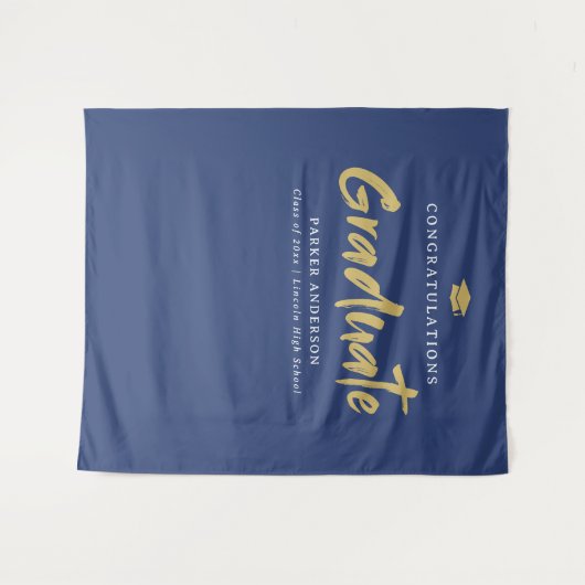 Blue Gold Modern Brush Script Graduation Party Wandteppich (Vorderseite (Horizontal))