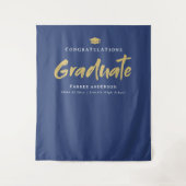 Blue Gold Modern Brush Script Graduation Party Wandteppich (Vorderseite)