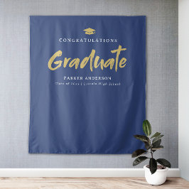 Blue Gold Modern Brush Script Graduation Party Wandteppich