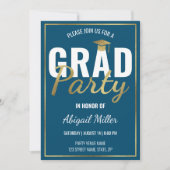 Blue & Gold Modern Script Graduation Party Einladung (Vorderseite)