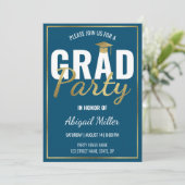 Blue & Gold Modern Script Graduation Party Einladung (Stehend Vorderseite)