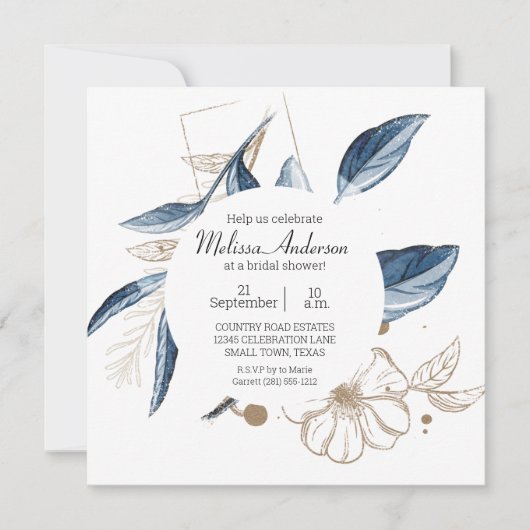 Blue Gold Moderne Blumen Elegantes Brautparty Einladung (Vorderseite)