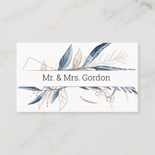 Blue Gold Moderne florale Elegante Escort Card Platzkarte (Vorderseite)