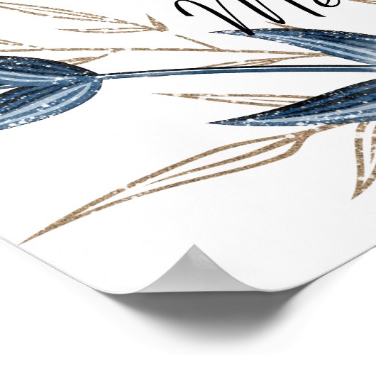 Blue Gold Moderne florale Elegante Hochzeit Poster (Ecke)