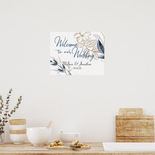 Blue Gold Moderne florale Elegante Hochzeit Poster (Küche)