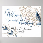 Blue Gold Moderne florale Elegante Hochzeit Poster (Vorne)