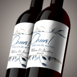 Blue Gold Moderne florale Elegante Hochzeit Weinetikett