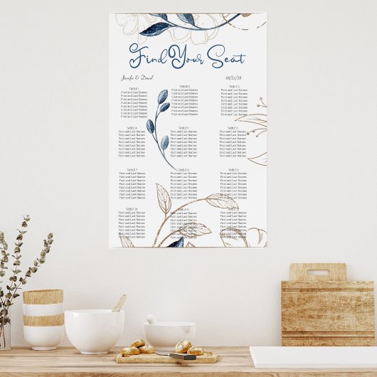 Blue Gold Moderne, florale Elegante Seating Chart Poster (Küche)