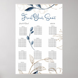 Blue Gold Moderne, florale Elegante Seating Chart Poster