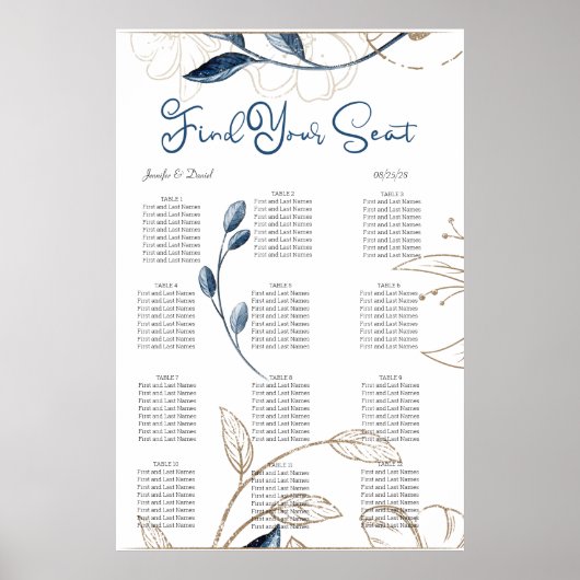 Blue Gold Moderne, florale Elegante Seating Chart Poster (Vorne)