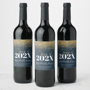 Blue Gold Moderne Glitzer Abschluss Klasse von 22 Weinetikett