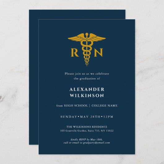 Blue Gold Moderne Nurschule Abschluss Einladung (Vorne/Hinten)