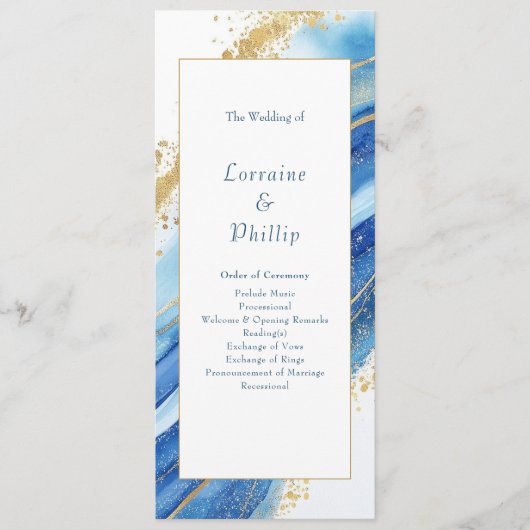 Blue Gold Moderne Ordnung der Zeremonie Hochzeit Programm (Vorderseite)