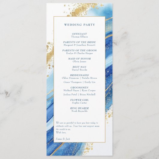 Blue Gold Moderne Ordnung der Zeremonie Hochzeit Programm (Rückseite)