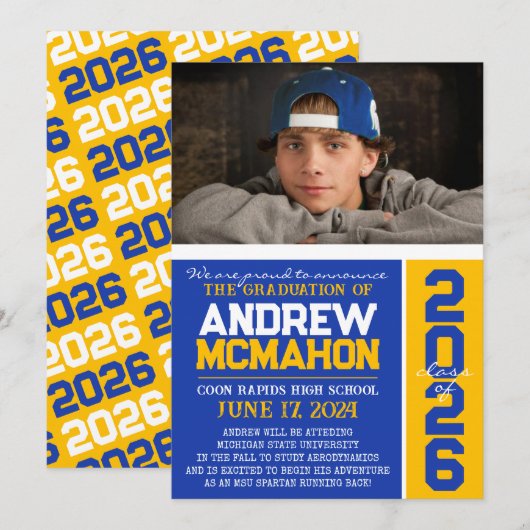 Blue & Gold Modernes Abschluss Foto Ankündigung (Vorne/Hinten)