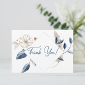 Blue Gold Modernes Floral Elegante Dankeskarte (Stehend Vorderseite)