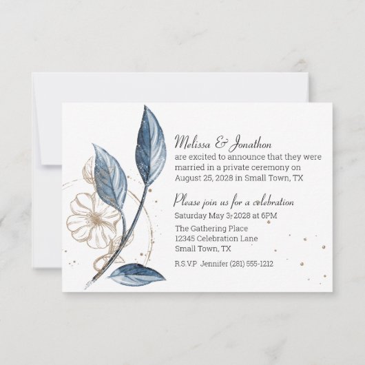 Blue Gold Modernes Floral Elegante Nur verheiratet (Rückseite)