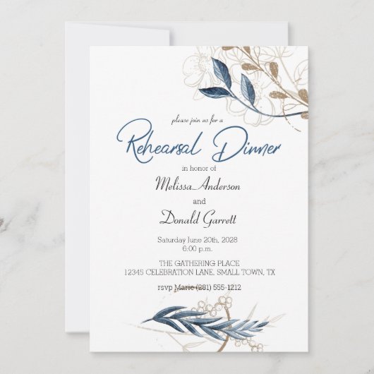 Blue Gold Modernes Floral Elegantes Probe Abendess (Vorderseite)