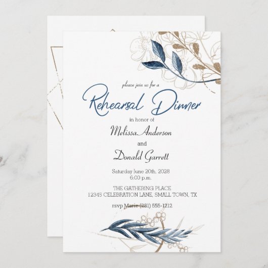 Blue Gold Modernes Floral Elegantes Probe Abendess (Vorne/Hinten)