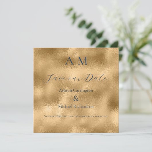 Blue Gold Monogram Modern Wedding Save The Date (Stehend Vorderseite)