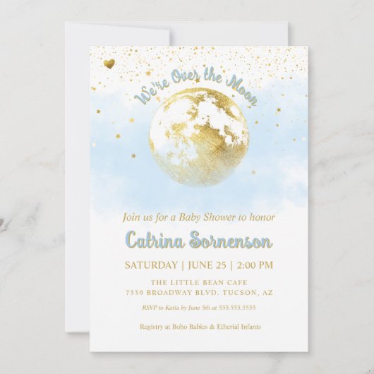 Blue Gold Moon and Stars Celestial Baby Shower Einladung (Vorderseite)
