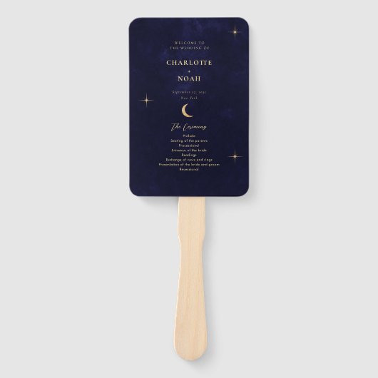 Blue Gold Moon Stars Hochzeitsprogramm für Midnigh Fächer (Vorderseite)