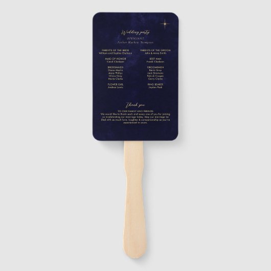 Blue Gold Moon Stars Hochzeitsprogramm für Midnigh Fächer (Rückseite)