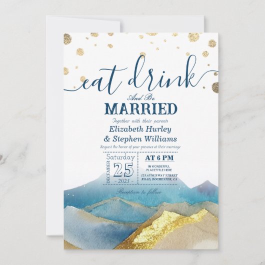 Blue Gold Mountains essen Drink & Sei Verheiratet Einladung (Vorderseite)