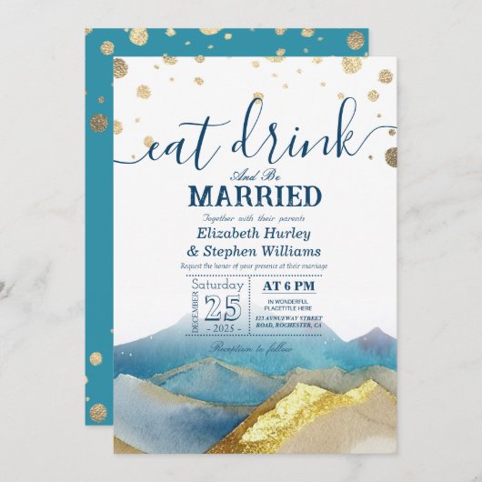 Blue Gold Mountains essen Drink & Sei Verheiratet  Einladung (Vorne/Hinten)