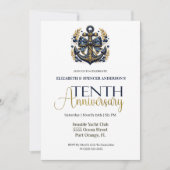 Blue Gold Nautical Anchor 10th Wedding Anniversary Einladung (Vorderseite)