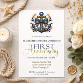 Blue Gold Nautical Anchor 1st Wedding Anniversary Einladung